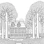 Placeholder: GARDEN HOUSE, ""Majestic Trees: Explore the towering trees in the heart of the garden, full view, realistic, coloring page, only draw lines, coloring book, clean line art, wildlife-inspired, kid style, –no sketch, color, –ar 3:4, white background, minimalistic black lines, 8k, minimal black color, low level black colors, coloring page, use pure black and white colors, avoid thick black colors, thin black line art, avoid colors, perfect shape, perfect clear lines, clear edges,