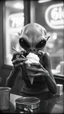 Placeholder: An old picture style of black and white mono very bad quality looks very old camera picture of an alien eating Ice cream, year 1900