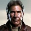 Placeholder: portrait of harrison ford as captain han solo, brown eyes, with realistic and light and rough facial skin, cinematic lighting, photorealistic, volumetric light and shadow, hyper HD, octane render, unreal engine, insanely detailed and intricate, hyper-realistic, space background, watercolour on white paper