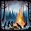 Placeholder: a large bonfire with its flames rising high in a clearing, around the bonfire siluette of many anthropomorphic wolf humanoids of different ages, sizes and colors are crying, dancing, singing or just watching the flames. around them in the background dark trees with huge trunks, rainy day, high contrast, high detail, atmospheric, dark fantasy, sci-fi atmosphere, cinematic