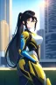 Placeholder: girl, masterpiece, best quality, cinematic lighting, detailed outfit, vibrant colors, perfect eyes, long hair, black hair, golden eyes, ponytail, hair between eyes, outdoors, depth of field, ray tracing, mech outfit, city, landscape,