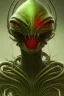 Placeholder: green alien, head, evil, red eyes, big silver teeth, weapons, blood, 8k, finely detailed, photo realistic, HR Giger style