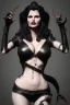 Placeholder: Geena Davis as evil queen in black leather, leather, busty, cleavage, angry, rage, stern look. character design by cory loftis, fenghua zhong, ryohei hase, ismail inceoglu and ruan jia. unreal engine 5, artistic lighting, highly detailed, photorealistic, fantasy