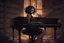 Placeholder: scarred cyberpunk vampire girl with tribal tattoos short curly cyberpunk hair playing a grand piano in the library of a decaying gothic mansion in candlelight at midnight