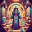 Placeholder: Holy Mage Indulf in cubism retro arcade art style