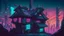 Placeholder: small german Cabin, In cyberpunk city-skyline, comic style