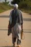 Placeholder: An old man wearing an Arabic keffiyeh, his back bent, walking barefoot, holding his cane upside down, looking back and holding his shoe in his hand.