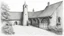 Placeholder: outline pencil sketch of a paved courtyard with a tudorhouse, tall crooked chimney, and roof