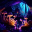 Placeholder: landscape ultra realistic, beautiful, dwarfs in hippie clothes, trippy shiny mushroom city in dark colors, cave