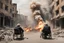 Placeholder: bloody elders in wheelchairs trying to escape from falling bombs in a ruined city in Palestina, smoke and fire and explosions