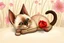 Placeholder: realistic illustration funny goofy, whimsical, caricature of a sleek siamese kitten with brown ears, laying down on its belly, back legs crossed, a paw stretched out in front, holding a red rose in his mouth, flowery background with long pale grass background. Textured painterly fantasy artistic Cartoon