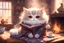 Placeholder: cute fluffy chibi cat reads sitting in a big soft armchair, covered with a plaid blanket, a teapot and steaming tea on a small table next to her, in sunlight. The fire in the fireplace is blazing.