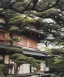 Placeholder: Japanese tea house with a large statue of a cat in outer space with a nebula backdrop and otherworldly trees