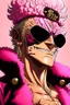 Placeholder: A comic portrait of Doflamingo, from One Piece anime
