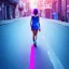 Placeholder: Beautiful lonely girl who walks along a street without people at dawn. You see her from behind. She wears a very short blue dressed. She has pink short hair with glowing crystals. Full body, 8k resolution concept art. Professional Photo HD. Stylish. Warm vivid colors. Panoramic