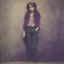Placeholder: Hippie girl, jeans, purple fur, striped wallpaper, old autochrome