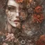 Placeholder: an abstract painting of rusted metal and flowers, portrait, rust, scaffolding, iron cladding, decay, mixed media, textured, anatomically correct, beautiful perfect face, sharp focus, highly detailed