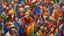 Placeholder: Large scale crowd scene, vibrant Cubist inspired painting. Densely packed figures, of various ages and ethnicities, depicted in exaggerated forms. Individuals wear diverse clothing, including historical style jackets, hats, and masks. Facial expressions vary, from serious to playful, some individuals engaging in animated gestures. Intense interaction between figures; a sense of bustling activity and movement within the crowd. Bold, contrasting colors, employing a mix of warm and cool tones. Acry