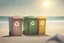 Placeholder: extreme close up, three recycling bins, beach in the background, hyperrealistic 16k, 3d rendering, expressively detailed, dynamic light,