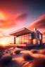 Placeholder: modern house in the desert in Fran Lloyd write style, at sunset