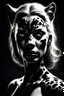 Placeholder: portrait of a women-panther mutant , monocrome color , amorphe dark-white shapes and shadows in backgroundhigh contrast, detailed, dark , noir, thriller, deep dark colors, gloomy, cinematic
