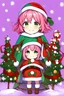 Placeholder: cute anime girl, wearing classic Christmas hat, smiling, green eyes, medium pink hair with purple gradient, Christmas background with trees and lots of snow, Young child