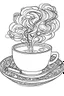 Placeholder: Outline art for coloring page, A JAPANESE CHAWAN TEACUP WITH A SHORT LIT CIGARETTE WITH WHISPS OF SMOKE LYING FLAT ON THE TEACUP SAUCER, coloring page, white background, Sketch style, only use outline, clean line art, white background, no shadows, no shading, no color, clear