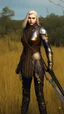 Placeholder: blonde female hunter wearing leather half armour dark fantasy Realistic 4k