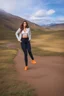 Placeholder: full body of very beautiful girl with pants and blouse and jacket , curvy hair ,standing idle pose in studio pretty makeup,perfect face,sport shoes