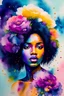 Placeholder: figure of afro woman covered in paint with flowers in space, watercolor painting