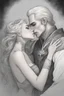 Placeholder: Strahd Von Zarovich being kissed onthe neck by a beautiful woman with white hair, wearing an off the shoulder dress. Settling and background are a lavish toomb with an ebony coffin.