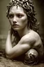 Placeholder: Photoreal gorgeous crying scaled medusa crying with scaled skin crying tears in a dark and dusty middle age tavern by lee jeffries, 8k, high detail, smooth render, unreal engine 5, cinema 4d, HDR, dust effect, vivid colors