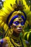 Placeholder: trans intersex huge eyes; high couture outfits in yellow and purple; forest nature landscape; modernist buildings; nonbinary very deformed bodies; brazilian latino ethnicity headdress 3D Render of , High Detailed, Close-up, Dark light