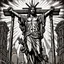 Placeholder: crucified on the cross christ liberty hybrid tone, american flag robes, line tone ,woodcut, engraved, wall street journal style, statue of cruicified Jesus of Liberty with a beard and wearing a cross and hanging from a cross, The statue male, hyperdetailed intricately detailed photoillustration ink drawing dystopian 8k resolution entire body of the statue is in the picture. digital illustration telephoto lens photography , same colors as the us treasury's one dollar bill, crucified"