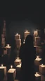 Placeholder: sectarians in a black room with a completely hidden by the shadow of the face surrounded by boxes and candles in pray 1080x1920