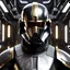 Placeholder: star wars bald male corellian pilot wearing pearlescent black and gunmetal grey First Order special forces heavy assault armor and helmet with gold trim inside the jedi temple, centered portrait, hyperdetailed, dynamic lighting, hyperdetailed background, 8k resolution, volumetric lighting, light skin, fully symmetric details