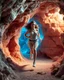Placeholder: make a picture pretty crystal cave covered with jwellary and 3d recursive cubic and sphere base pearls and a beautiful fashion model lady with cute,curvy hair,makeup, in pretty jewelled sports suit is running inside cave ,dynamic camera fallow her inside cave capturing full body, dynamic lights.