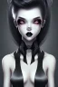 Placeholder: Girl, cute, beautiful, dark shadows, tilted head, black lipstick, grey skin, short black hair