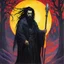 Placeholder: Art by Kupka: John Travolta Zombie with black dreads and black wild beard as a fantasy necromancer holding a glowing black ram staff and wearing black magic robes