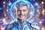 Placeholder: cosmic bionic beautiful men, smiling, with light blue eyes and with platinum suite in a magic extraterrestrial landscape with coloured fairy forest stars and bright beam