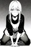 Placeholder: little blonde girl cries crouched down, grayscale