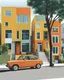 Placeholder: Architectural drawing of an urbanization of modern two-story houses, streets, trees, people and cars, complementary colors