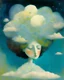 Placeholder: A dreamy portrait of a figure with their head in the clouds, literally, with their thoughts and dreams visible as miniature scenes within the fluffy formations, in the style of magical realism, soft pastel colors, and a sense of whimsy, inspired by the works of Marc Chagall and Odilon Redon, exploring the power of imagination and creativity.