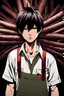 Placeholder: Waifu exceptional, Best quality, best aesthetics, real life, newest, 1boy, masterpiece, piramyde head, black eyes, black hair, cover, denji, photorealistic, extremely stunning, chainsaw man aesthetic, backlight, (silent hill) only style 8k, by tatsuki fujimoto masahiro ito, individual focus, enhanced, simple background, standing, hand on hip, smile, mouth shut, smile, teeth, looking at viewer, front angle, cowboy shot, silent hill City