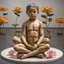 Placeholder: Hyperreal sculpture by John De Andrea, child in a flower Gei sitting in lotus pose on a museum display, hyperrealism