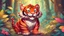 Placeholder: A little red tiger smiling in a forest full of colors and behind him chests of gold and treasures. The picture has beautiful colors style cartoon