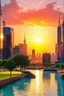 Placeholder: Amazing colorful sunset, buildings, lake, city, park, cyberpunk, sci-fi, photography hd