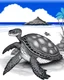 Placeholder: coloring pages for kids, Pacific island shaped Japanese ink painting, paradise, sea turtles , Art drawing .super detailed, low detail, black and white, no shading, --ar 85:110