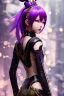 Placeholder: Detailed cute anime Kunoichi girl, purple hair buns, purple bangs, black latex bodysuit, intricate details, full body portrait, keep head in frame, slight smile, black Japanese motif, concept art, highly detailed, digital painting, concept art, sharp focus, illustration, art by Yoji Shinkawa, WLOP and greg rutkowski and alphonse mucha and artgerm and yanjun Chen and Junji ito and Makoto Shinkai, HDR, octane render