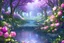 Placeholder: a beautiful scene of a forest in the distance with very purple trees and a shimmering blue river going down the forest the sky is an orangey pink, and lots of flowers on the river banks, very realistic details